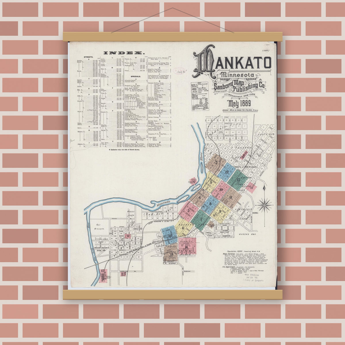 Old map wall art mockup — magnetic wood frame on brick wall — Sanborn Fire Insurance Map from Mankato, Blue Earth County, Minnesota (1889) - Complete Map Set