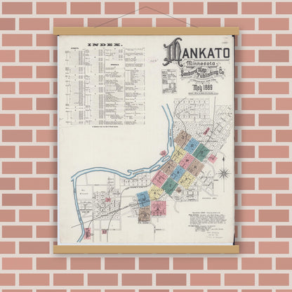 Old map wall art mockup — magnetic wood frame on brick wall — Sanborn Fire Insurance Map from Mankato, Blue Earth County, Minnesota (1889) - Complete Map Set