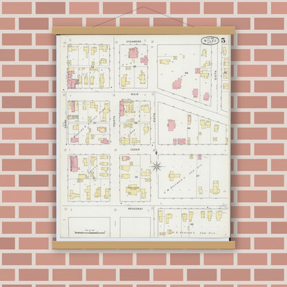 Old map wall art mockup — magnetic wood frame on brick wall — Sanborn Fire Insurance Map from Niles, Berrien County, Michigan (1895), Sheet #0005