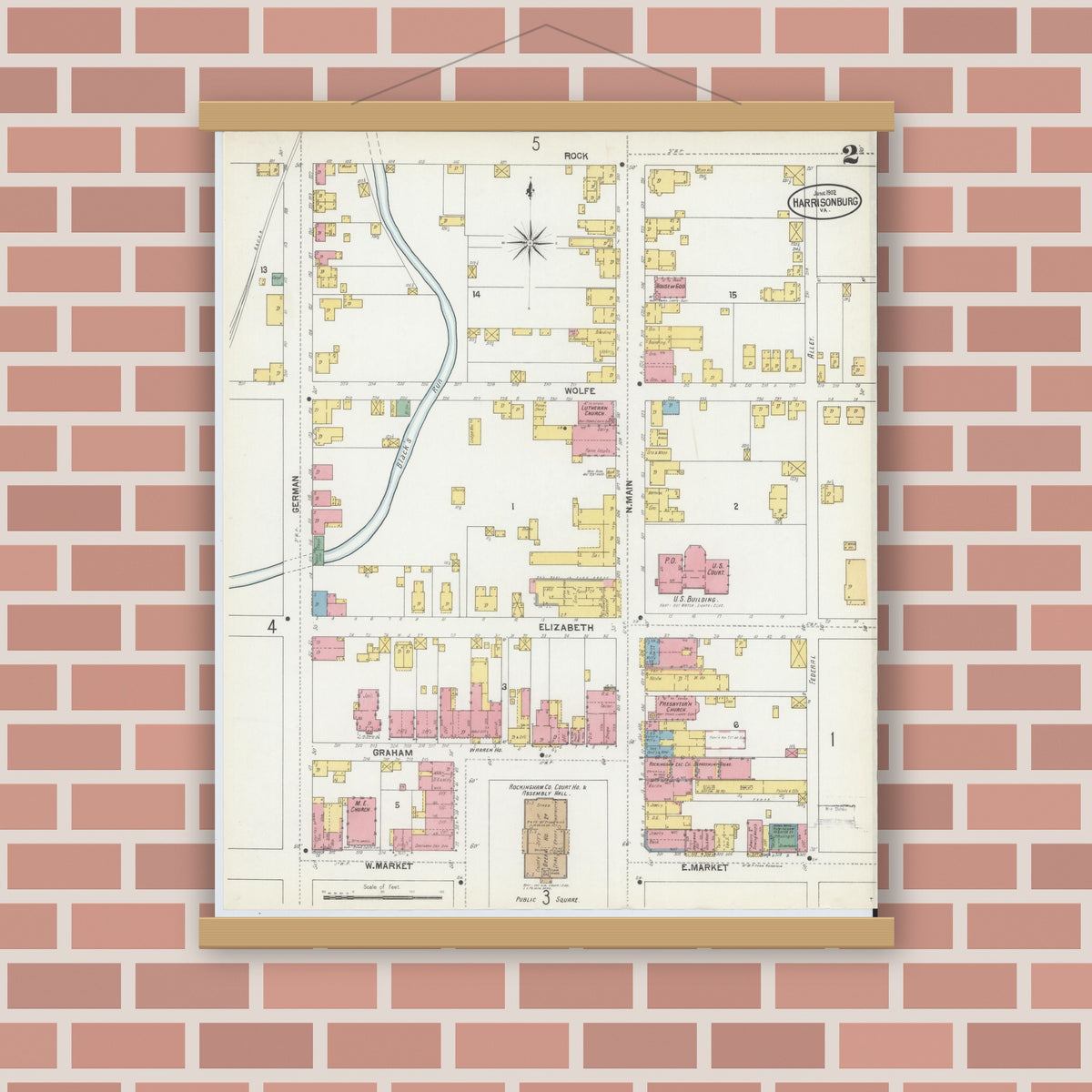 Old map wall art mockup — magnetic wood frame on brick wall — Sanborn Fire Insurance Map from Harrisonburg, Independent Cities, Virginia (1902), Sheet #0002