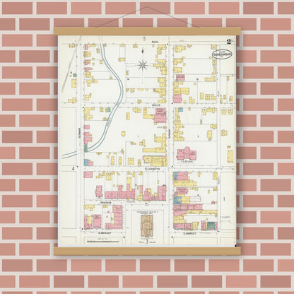 Old map wall art mockup — magnetic wood frame on brick wall — Sanborn Fire Insurance Map from Harrisonburg, Independent Cities, Virginia (1902), Sheet #0002