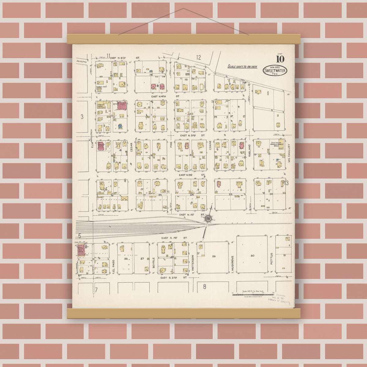 Old map wall art mockup — magnetic wood frame on brick wall — Sanborn Fire Insurance Map from Sweetwater, Nolan County, Texas (1922), Sheet #0010