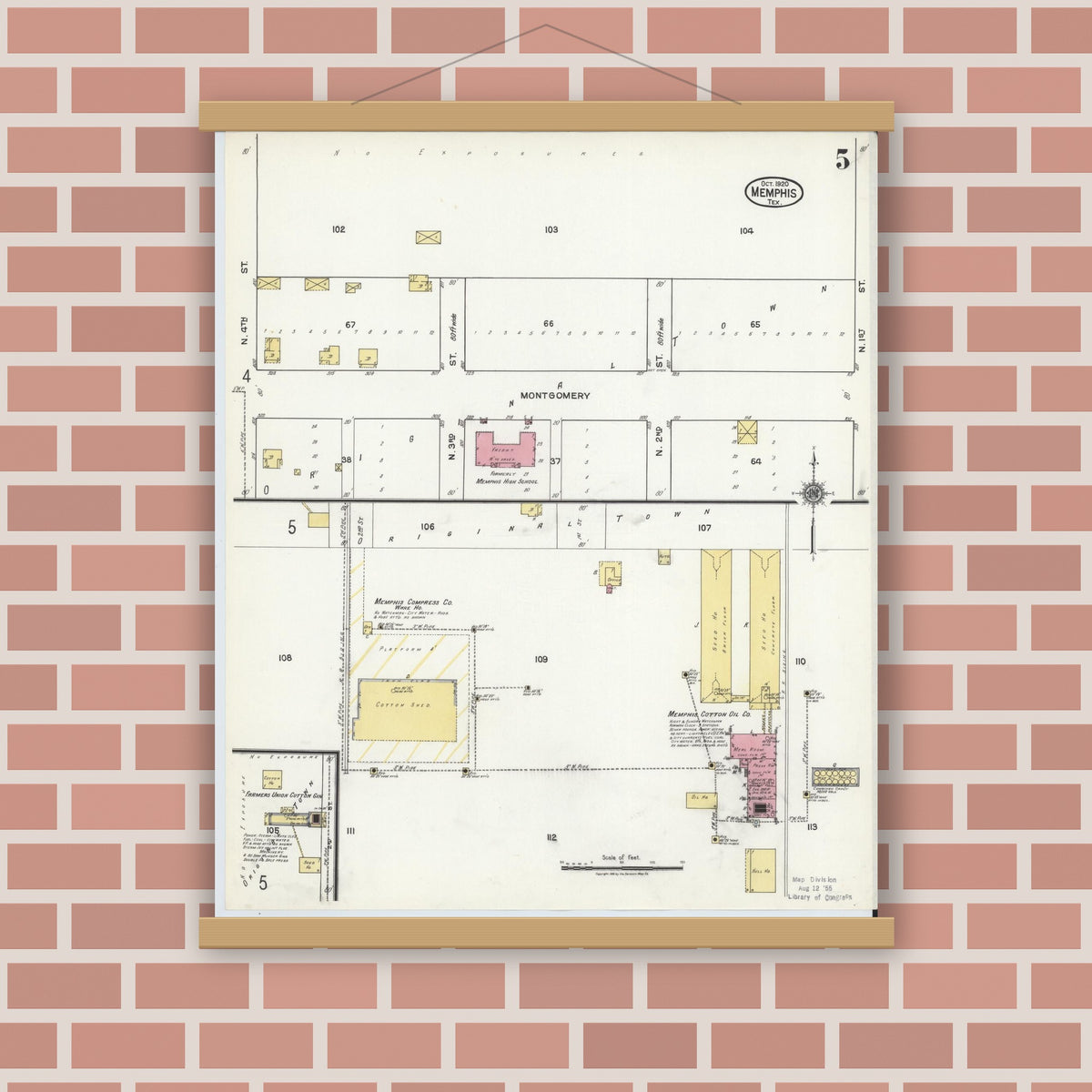 Old map wall art mockup — magnetic wood frame on brick wall — Sanborn Fire Insurance Map from Memphis, Hall County, Texas (1920), Sheet #0005