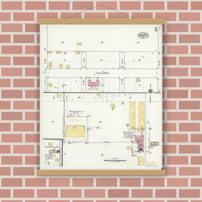 Old map wall art mockup — magnetic wood frame on brick wall — Sanborn Fire Insurance Map from Memphis, Hall County, Texas (1920), Sheet #0005