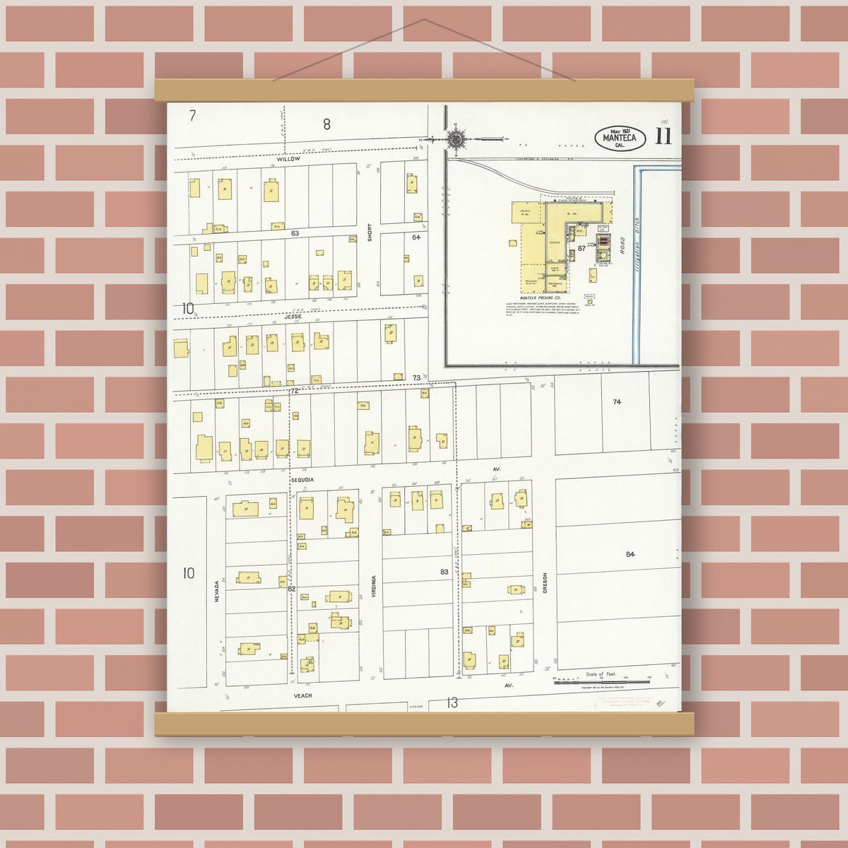 Old map wall art mockup — magnetic wood frame on brick wall — Sanborn Fire Insurance Map from Manteca, San Joaquin County, California (1921), Sheet #0011