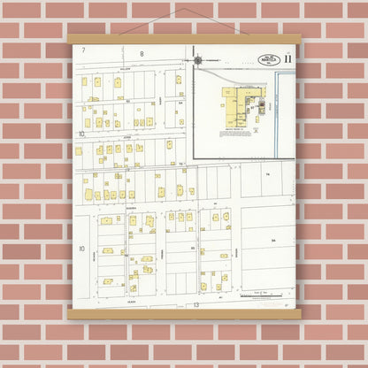 Old map wall art mockup — magnetic wood frame on brick wall — Sanborn Fire Insurance Map from Manteca, San Joaquin County, California (1921), Sheet #0011
