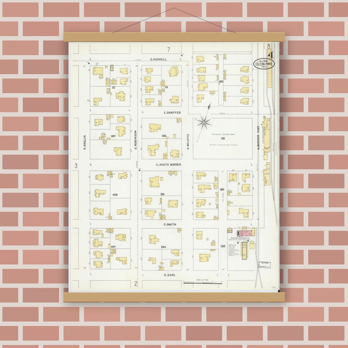 Old map wall art mockup — magnetic wood frame on brick wall — Sanborn Fire Insurance Map from Cleburne, Johnson County, Texas (1904), Sheet #0004