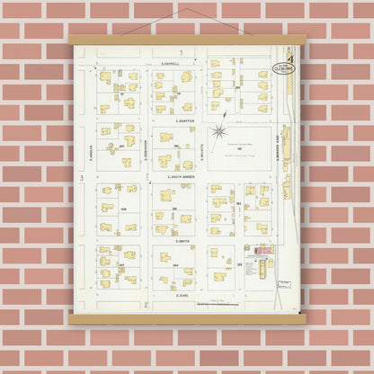 Old map wall art mockup — magnetic wood frame on brick wall — Sanborn Fire Insurance Map from Cleburne, Johnson County, Texas (1904), Sheet #0004
