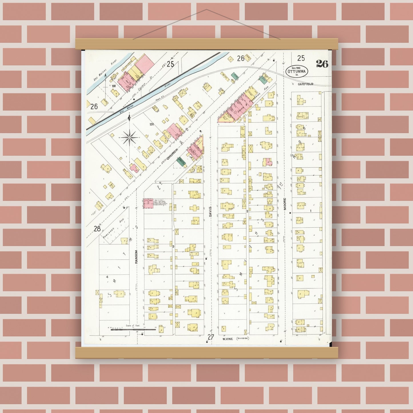 Old map wall art mockup — magnetic wood frame on brick wall — Sanborn Fire Insurance Map from Ottumwa, Wapello County, Iowa (1902), Sheet #0026