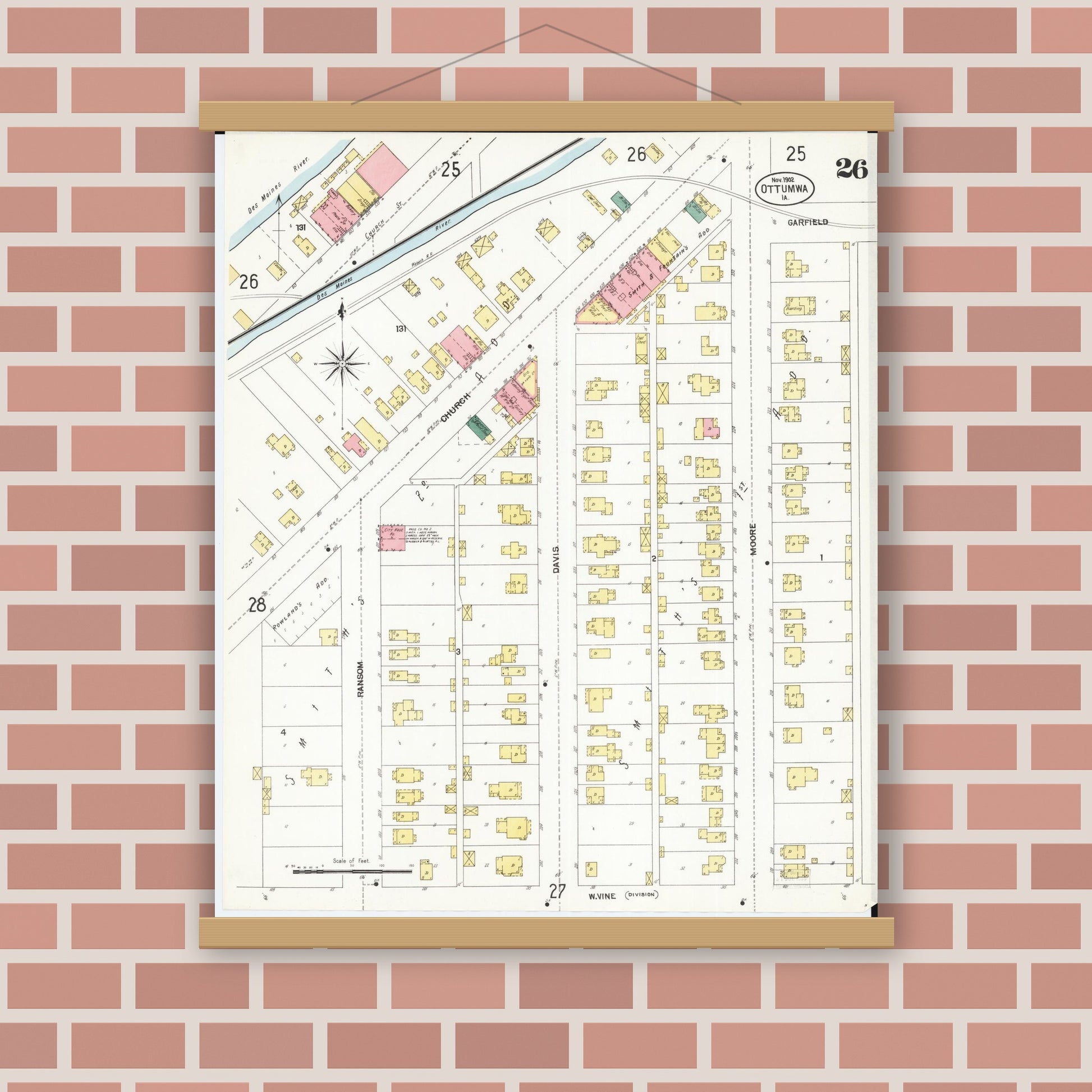 Old map wall art mockup — magnetic wood frame on brick wall — Sanborn Fire Insurance Map from Ottumwa, Wapello County, Iowa (1902), Sheet #0026