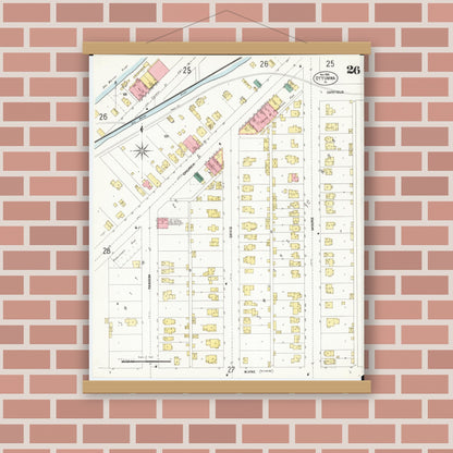 Old map wall art mockup — magnetic wood frame on brick wall — Sanborn Fire Insurance Map from Ottumwa, Wapello County, Iowa (1902), Sheet #0026