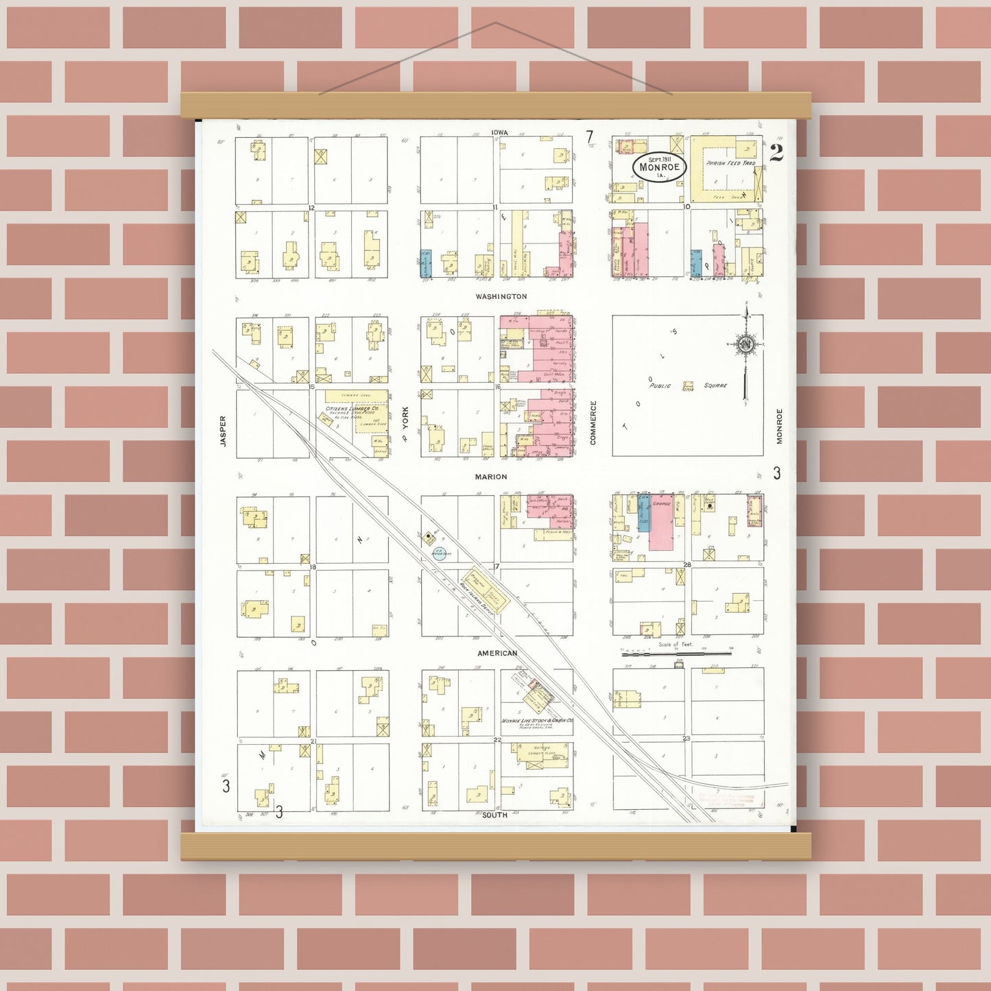 Old map wall art mockup — magnetic wood frame on brick wall — Sanborn Fire Insurance Map from Monroe, Jasper County, Iowa (1911), Sheet #0002