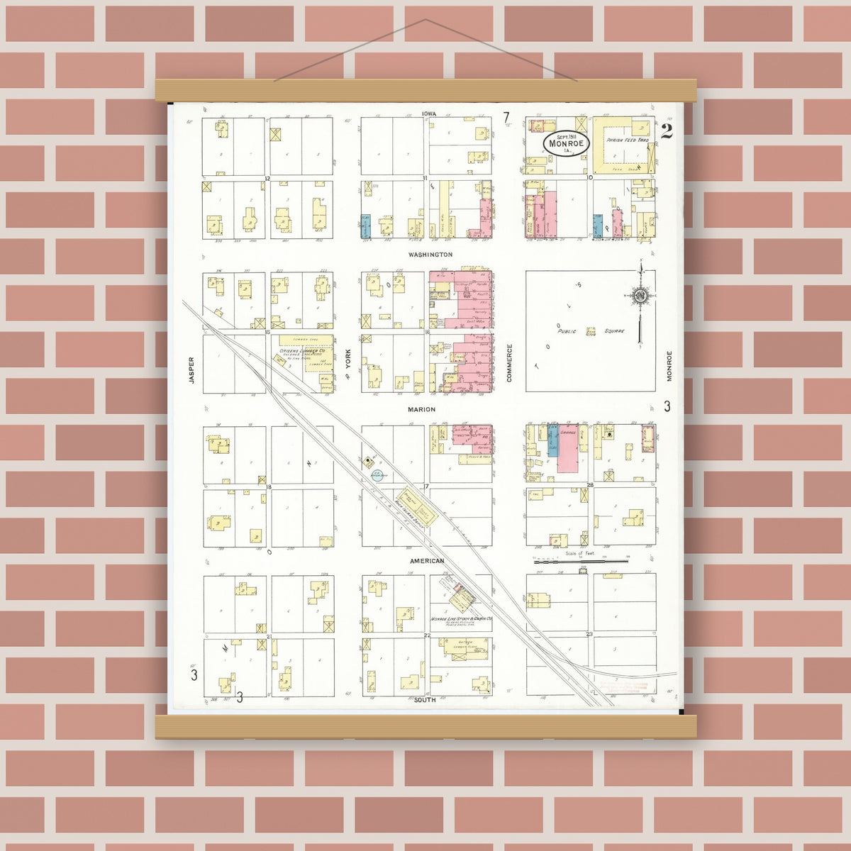 Old map wall art mockup — magnetic wood frame on brick wall — Sanborn Fire Insurance Map from Monroe, Jasper County, Iowa (1911), Sheet #0002