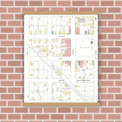 Old map wall art mockup — magnetic wood frame on brick wall — Sanborn Fire Insurance Map from Monroe, Jasper County, Iowa (1911), Sheet #0002