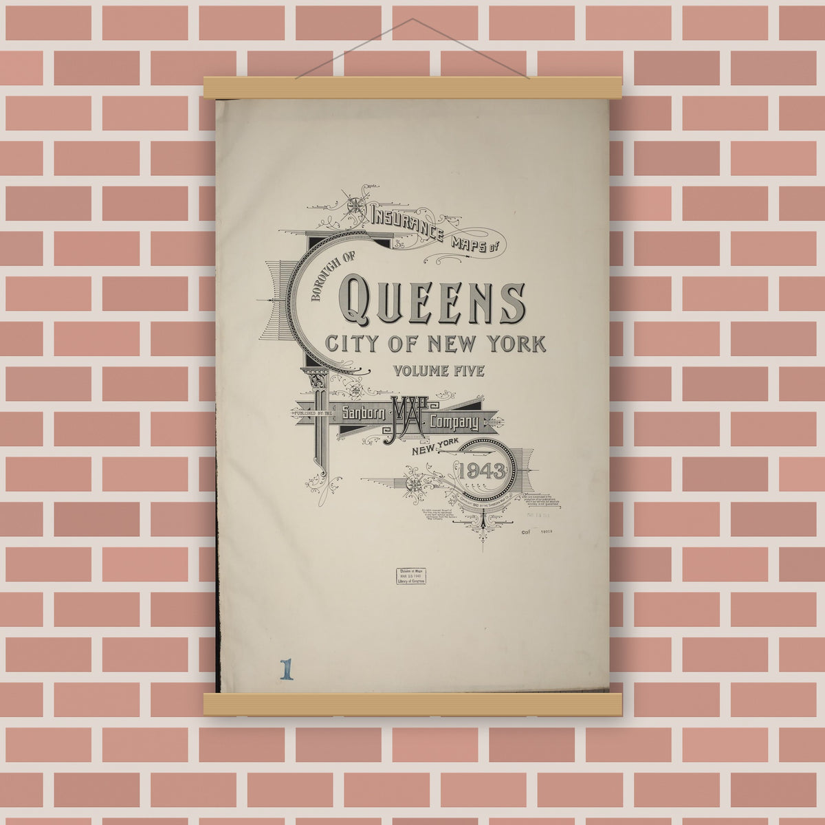 Old map wall art mockup — magnetic wood frame on brick wall — Sanborn Fire Insurance Map from Queens, Queens County, New York (1943), Sheet #0001