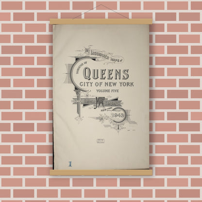 Old map wall art mockup — magnetic wood frame on brick wall — Sanborn Fire Insurance Map from Queens, Queens County, New York (1943), Sheet #0001