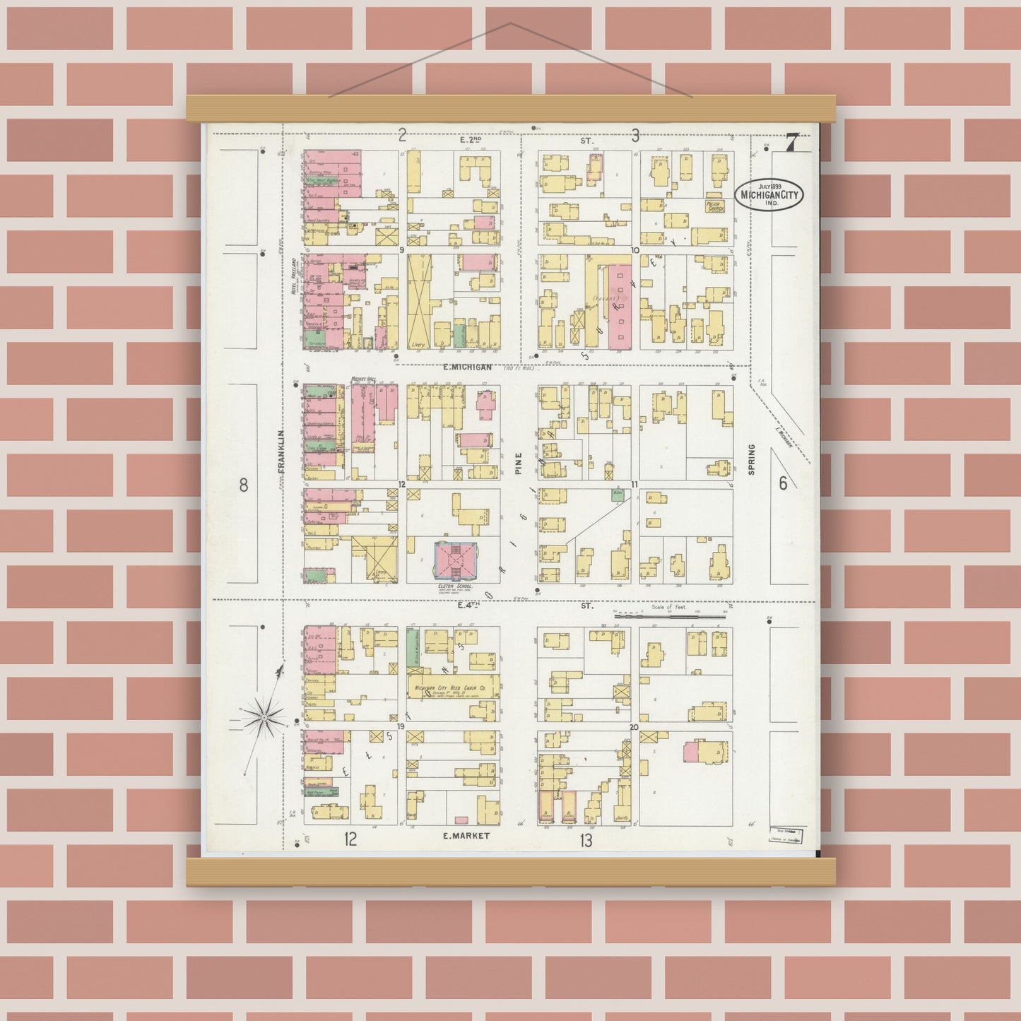 Old map wall art mockup — magnetic wood frame on brick wall — Sanborn Fire Insurance Map from Michigan City, La Porte County, Indiana (1899), Sheet #0007