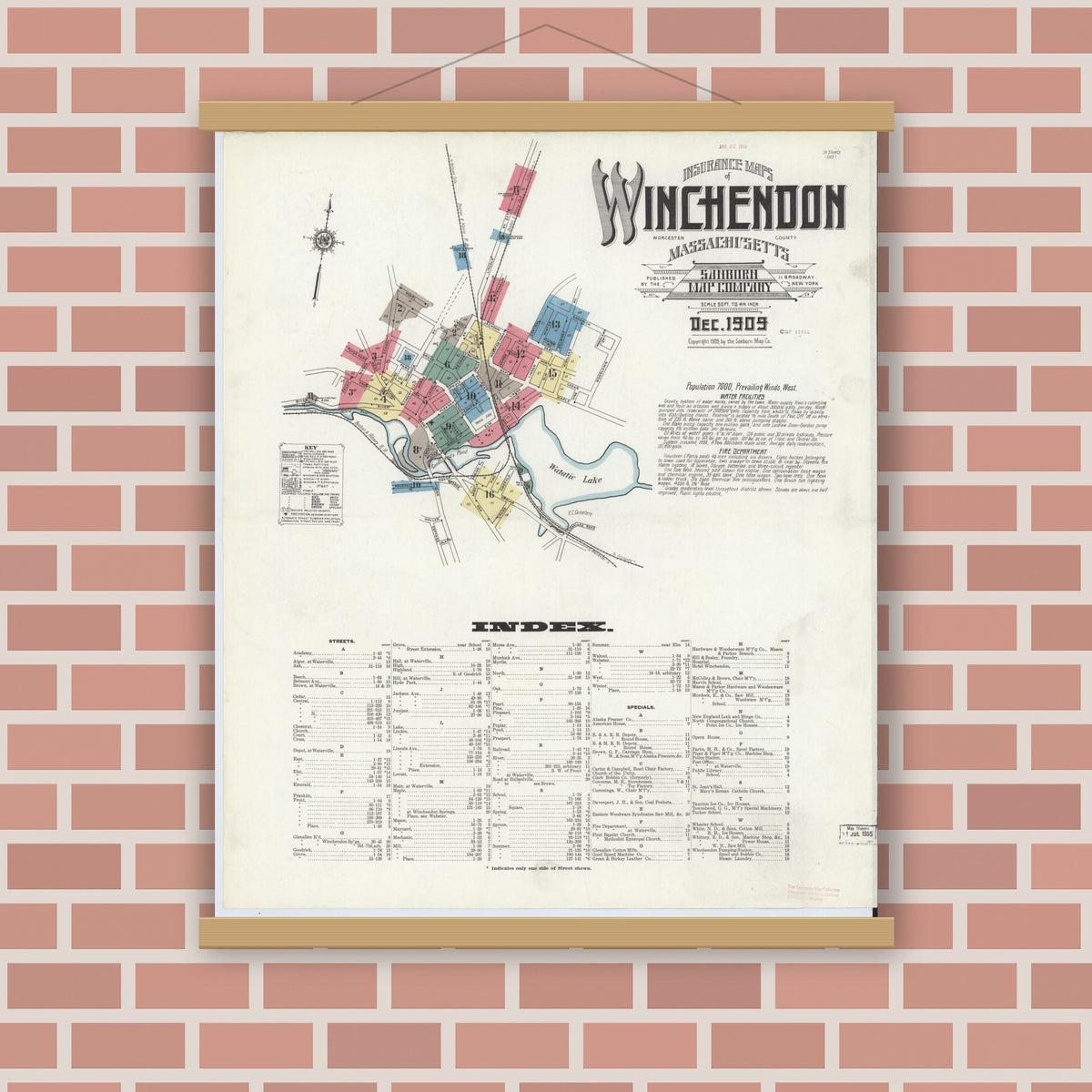 Old map wall art mockup — magnetic wood frame on brick wall — Sanborn Fire Insurance Map from Winchendon, Worcester County, Massachusetts (1909) - Complete Map Set