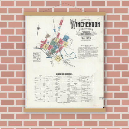 Old map wall art mockup — magnetic wood frame on brick wall — Sanborn Fire Insurance Map from Winchendon, Worcester County, Massachusetts (1909) - Complete Map Set