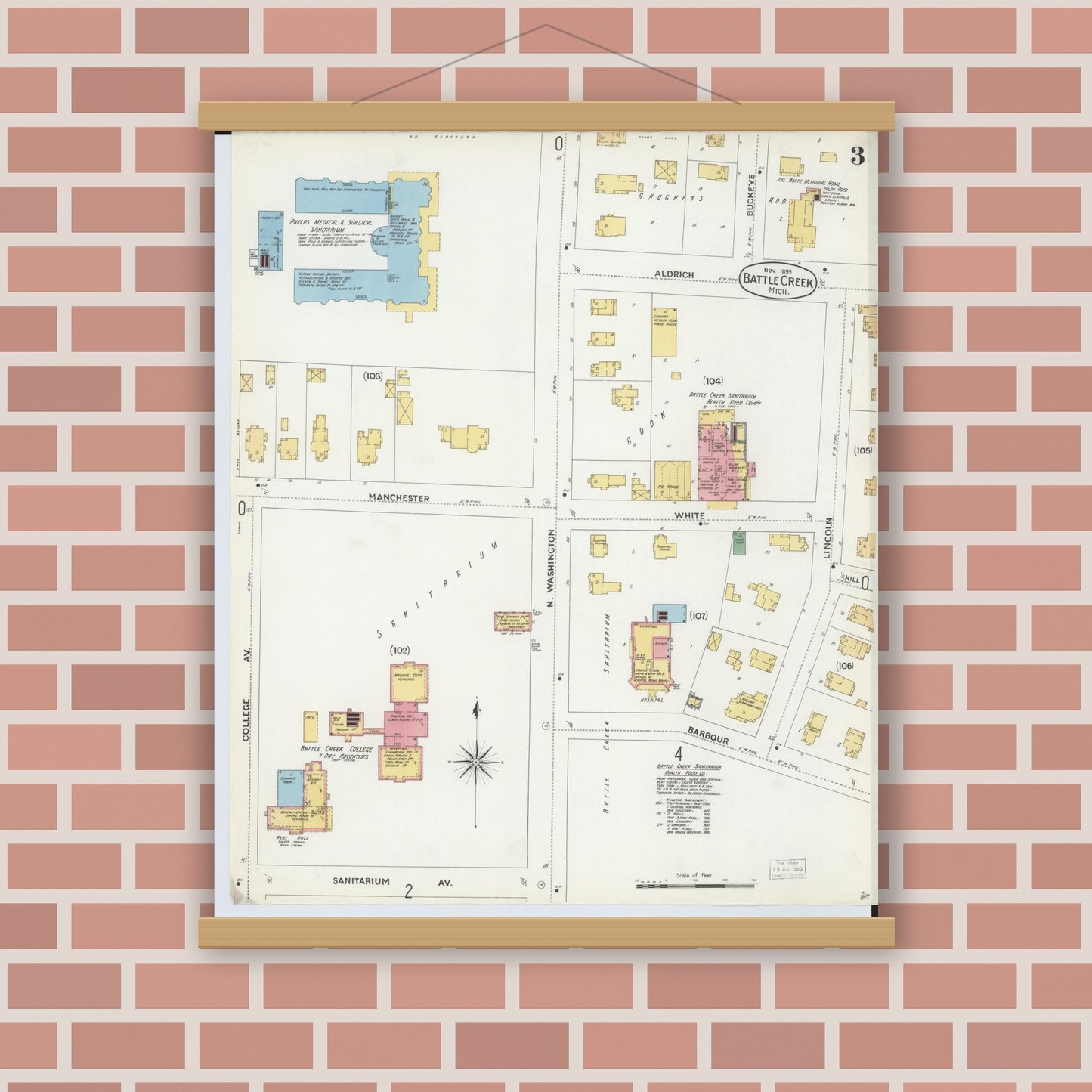 Old map wall art mockup — magnetic wood frame on brick wall — Sanborn Fire Insurance Map from Battle Creek, Calhoun County, Michigan (1899), Sheet #0003