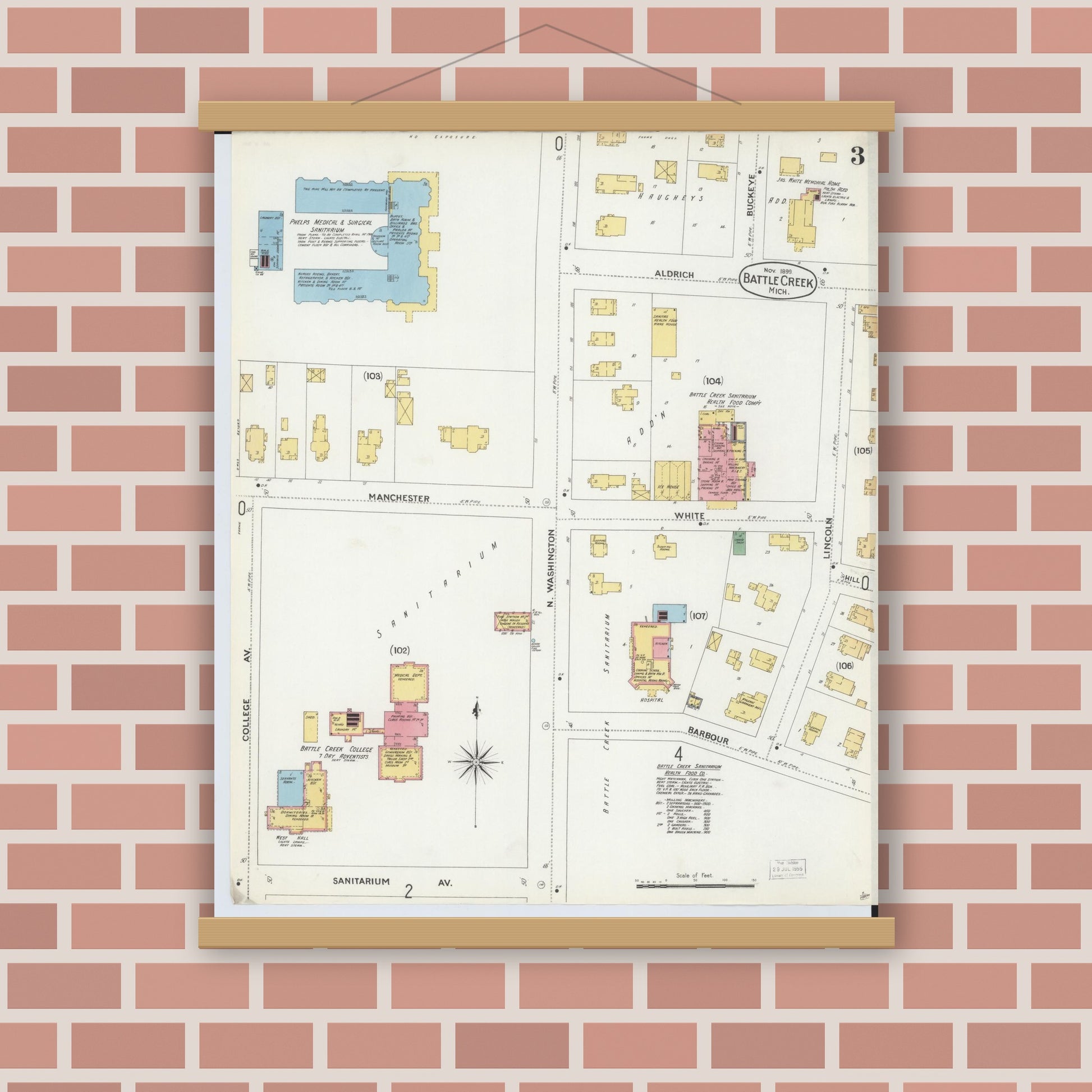 Old map wall art mockup — magnetic wood frame on brick wall — Sanborn Fire Insurance Map from Battle Creek, Calhoun County, Michigan (1899), Sheet #0003