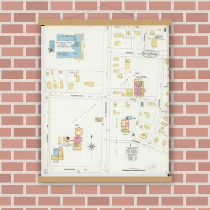 Old map wall art mockup — magnetic wood frame on brick wall — Sanborn Fire Insurance Map from Battle Creek, Calhoun County, Michigan (1899), Sheet #0003