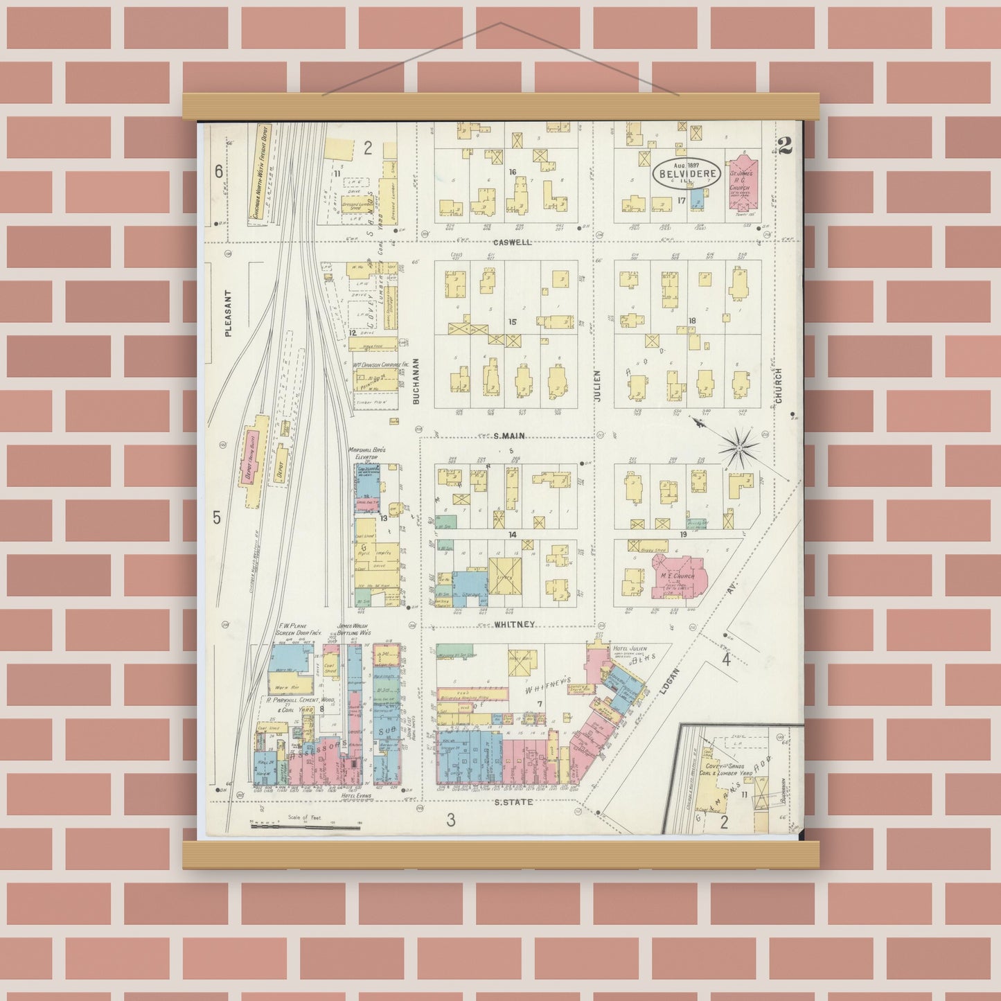 Old map wall art mockup — magnetic wood frame on brick wall — Sanborn Fire Insurance Map from Belvidere, Boone County, Illinois (1897), Sheet #0002