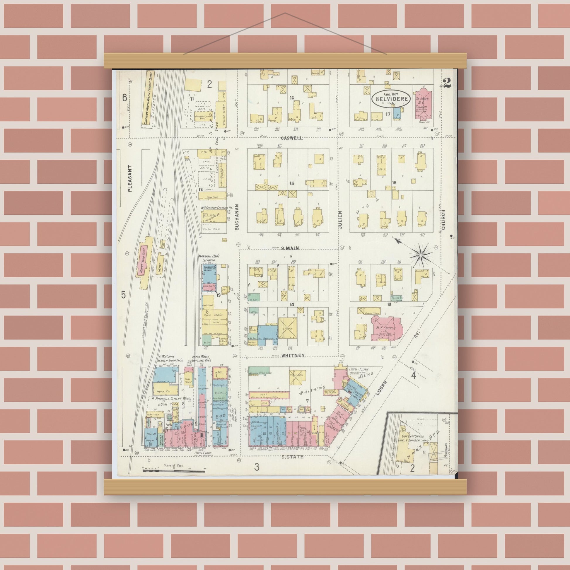 Old map wall art mockup — magnetic wood frame on brick wall — Sanborn Fire Insurance Map from Belvidere, Boone County, Illinois (1897), Sheet #0002