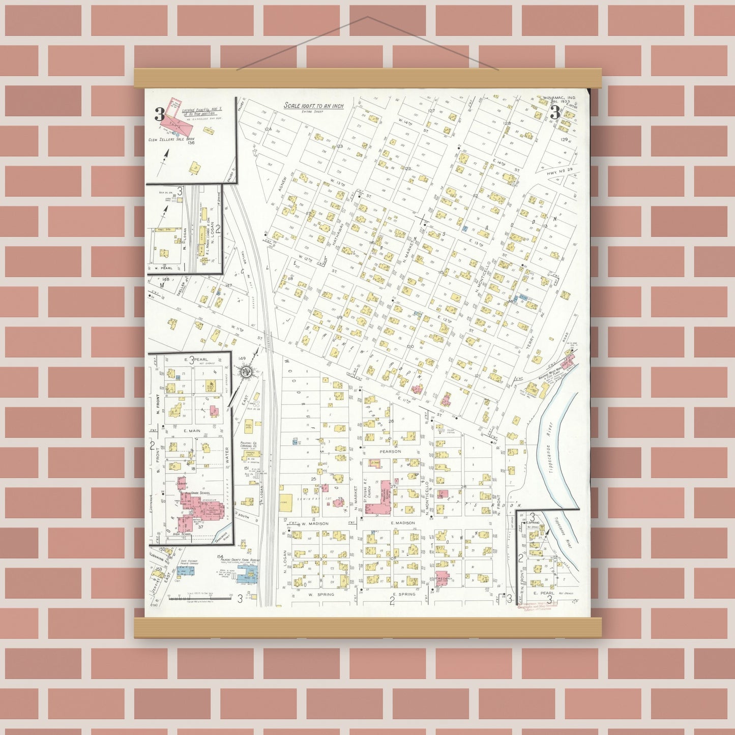 Old map wall art mockup — magnetic wood frame on brick wall — Sanborn Fire Insurance Map from Winamac, Pulaski County, Indiana (1933), Sheet #0003