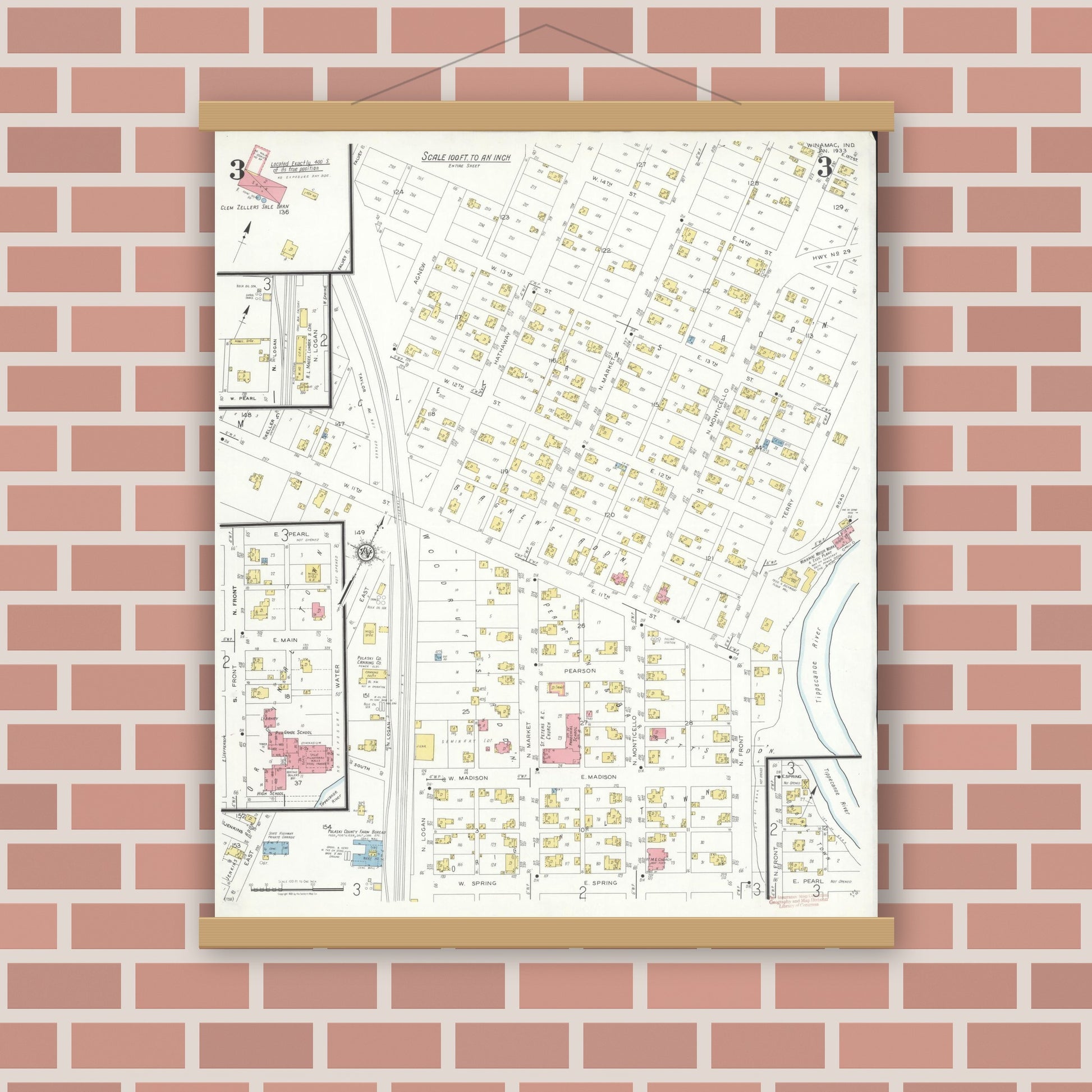 Old map wall art mockup — magnetic wood frame on brick wall — Sanborn Fire Insurance Map from Winamac, Pulaski County, Indiana (1933), Sheet #0003