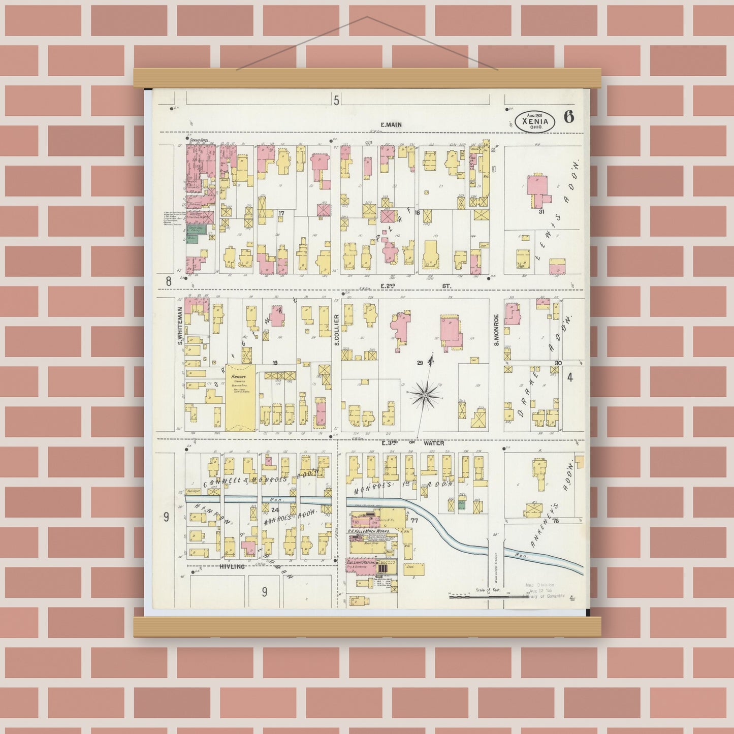 Old map wall art mockup — magnetic wood frame on brick wall — Sanborn Fire Insurance Map from Xenia, Greene County, Ohio (1901), Sheet #0006