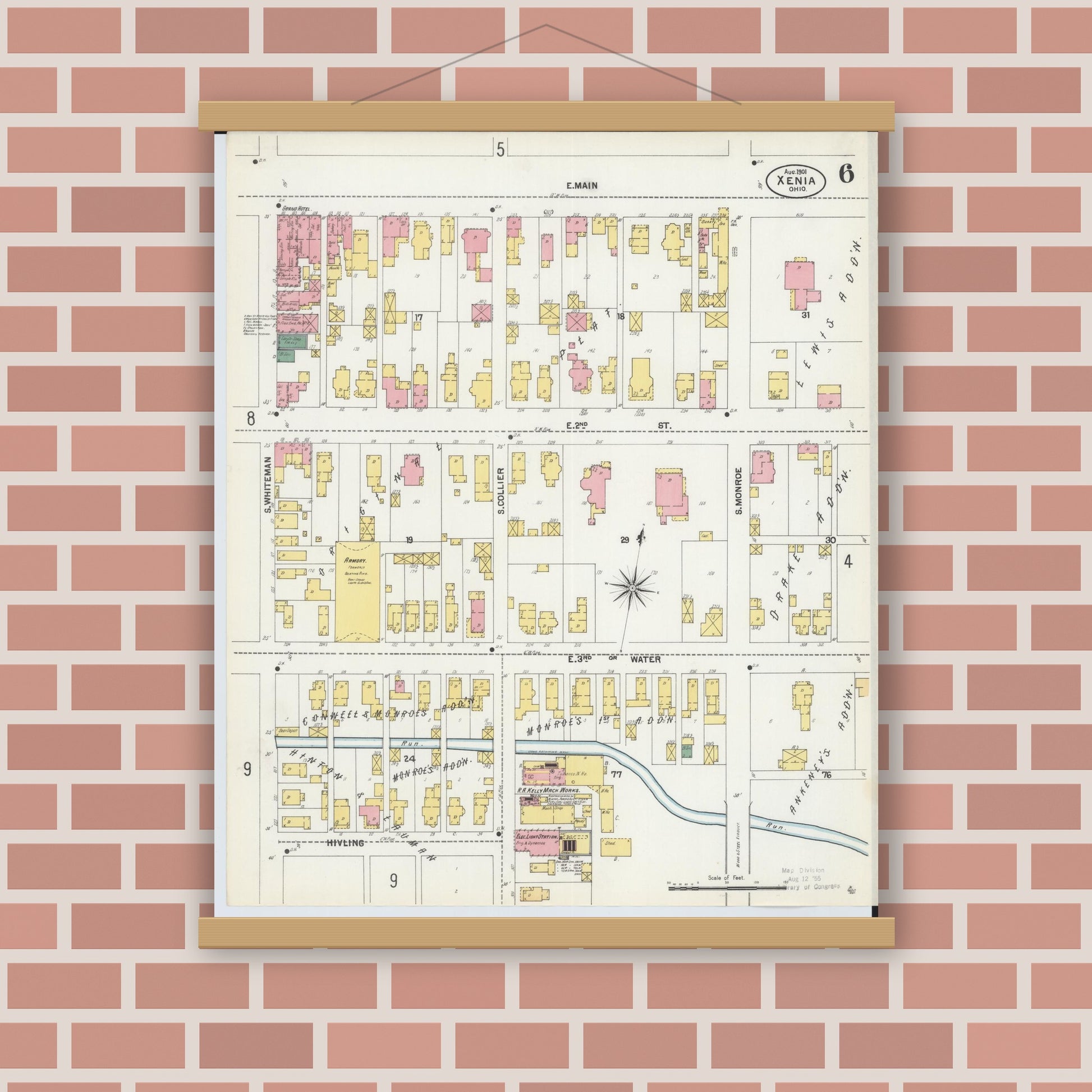 Old map wall art mockup — magnetic wood frame on brick wall — Sanborn Fire Insurance Map from Xenia, Greene County, Ohio (1901), Sheet #0006