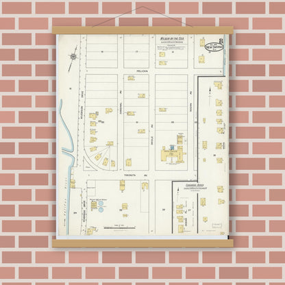 Old map wall art mockup — magnetic wood frame on brick wall — Sanborn Fire Insurance Map from New Smyrna, Valusia County, Florida (1916), Sheet #0008