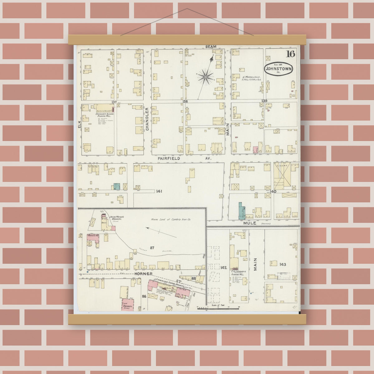 Old map wall art mockup — magnetic wood frame on brick wall — Sanborn Fire Insurance Map from Johnstown, Cambria County, Pennsylvania (1891), Sheet #0016