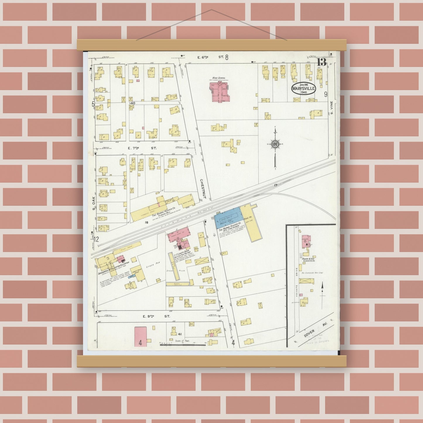 Old map wall art mockup — magnetic wood frame on brick wall — Sanborn Fire Insurance Map from Marysville, Union County, Ohio (1916), Sheet #0013