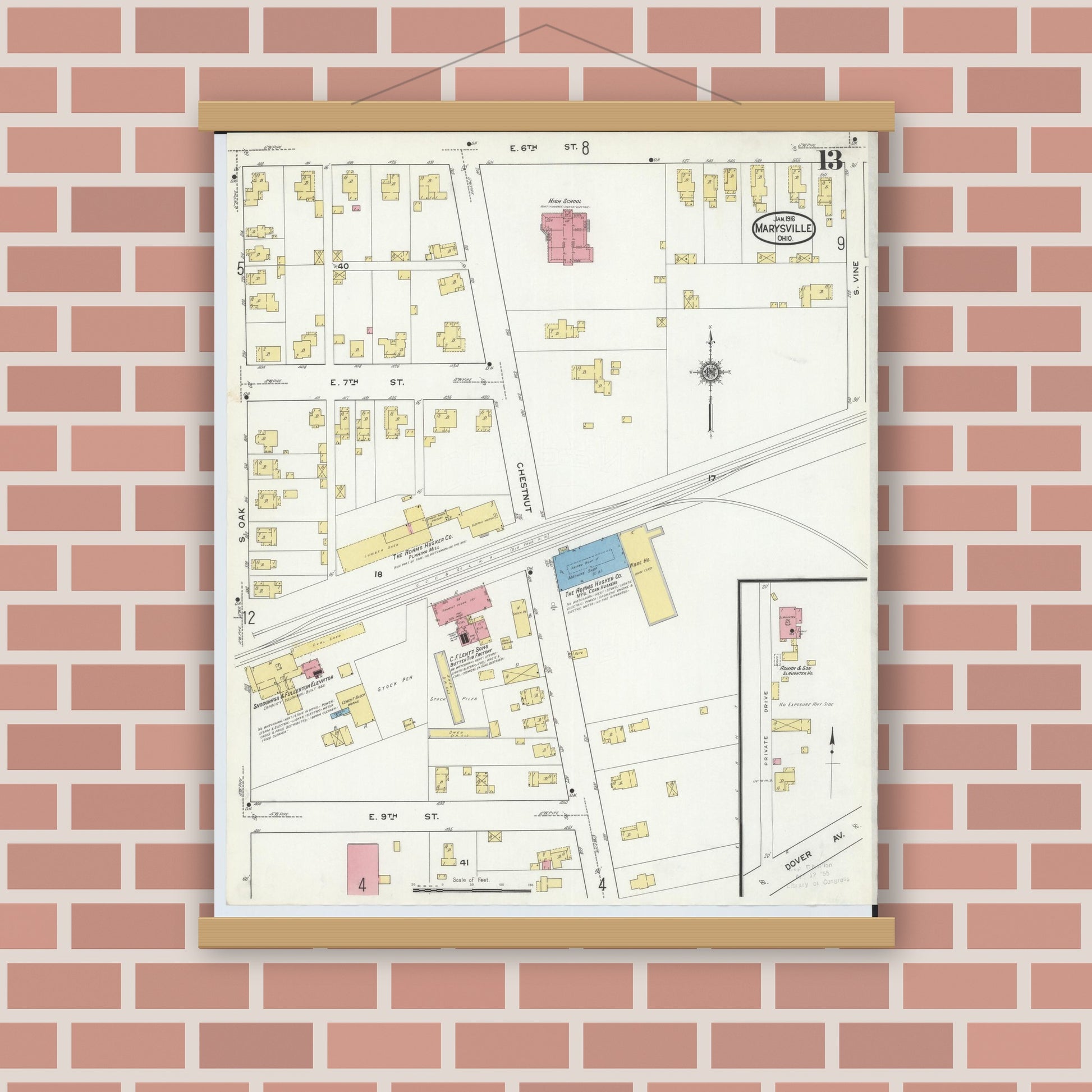 Old map wall art mockup — magnetic wood frame on brick wall — Sanborn Fire Insurance Map from Marysville, Union County, Ohio (1916), Sheet #0013