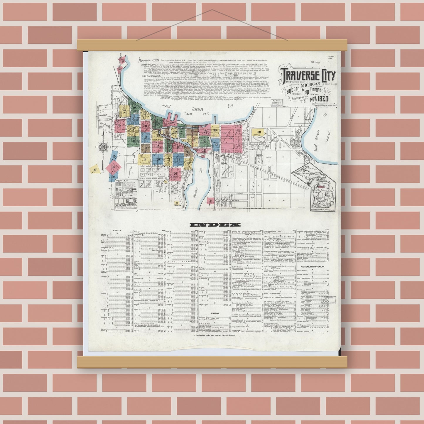 Old map wall art mockup — magnetic wood frame on brick wall — Sanborn Fire Insurance Map from Traverse City, Grand Traverse County, Michigan (1920), Sheet #0001