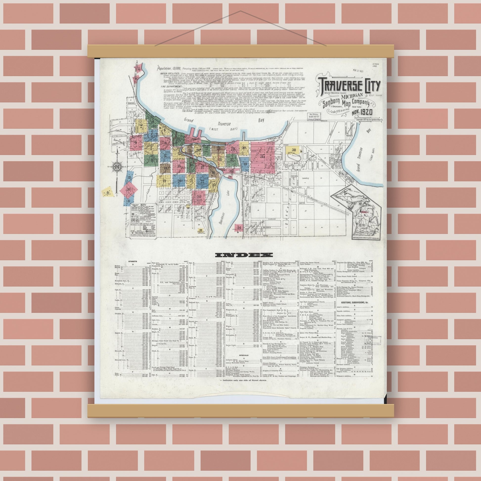 Old map wall art mockup — magnetic wood frame on brick wall — Sanborn Fire Insurance Map from Traverse City, Grand Traverse County, Michigan (1920), Sheet #0001