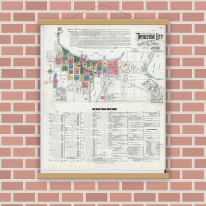 Old map wall art mockup — magnetic wood frame on brick wall — Sanborn Fire Insurance Map from Traverse City, Grand Traverse County, Michigan (1920), Sheet #0001