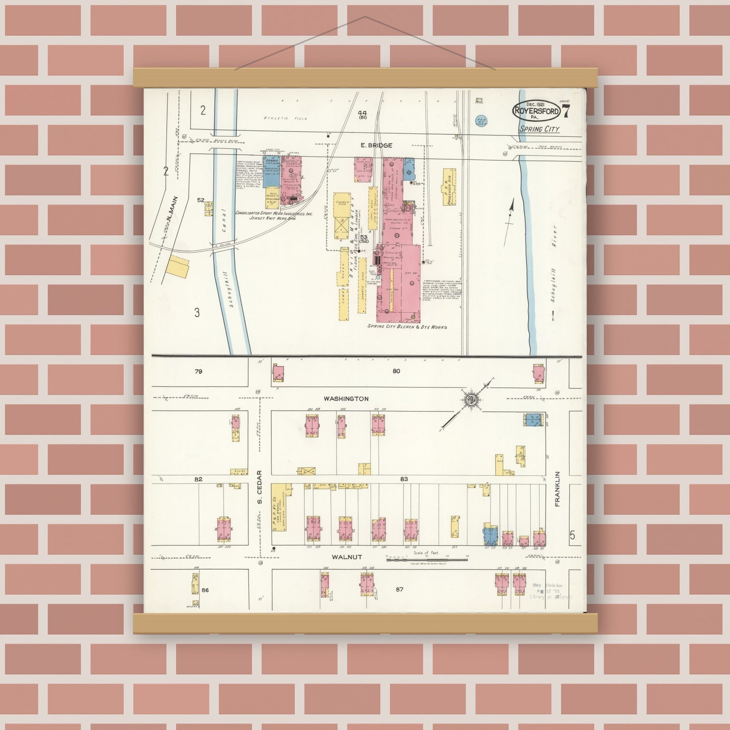 Old map wall art mockup — magnetic wood frame on brick wall — Sanborn Fire Insurance Map from Royersford, Montgomery County, Pennsylvania (1921), Sheet #0007