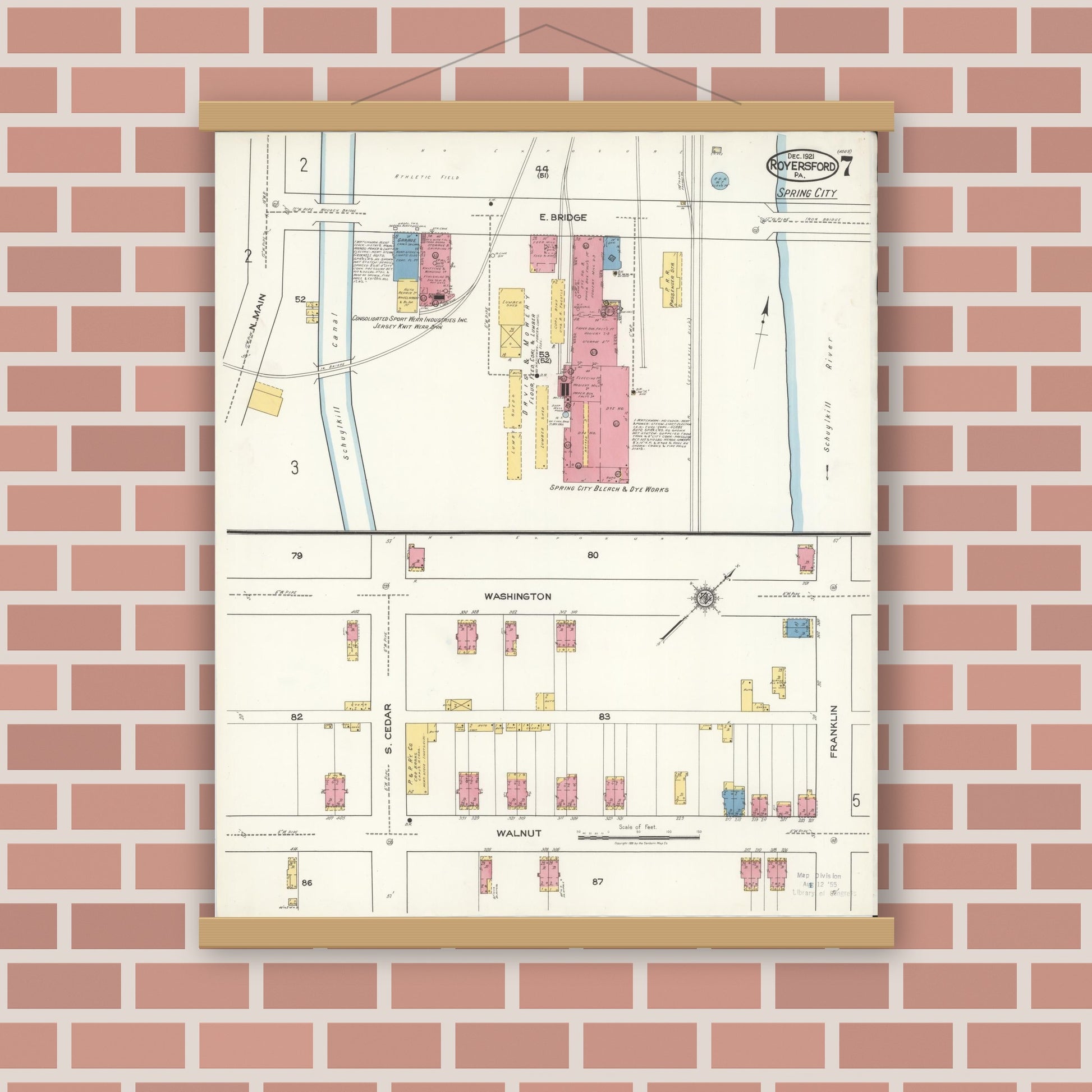 Old map wall art mockup — magnetic wood frame on brick wall — Sanborn Fire Insurance Map from Royersford, Montgomery County, Pennsylvania (1921), Sheet #0007