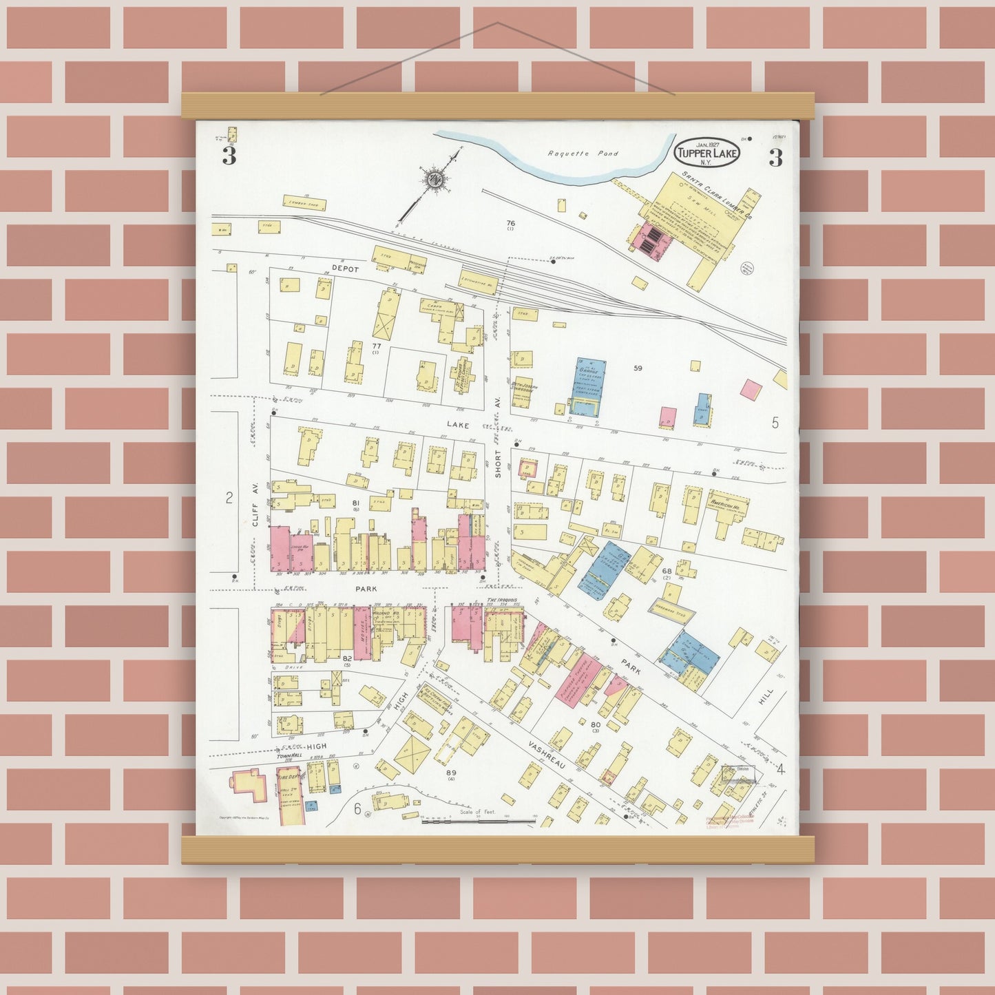 Old map wall art mockup — magnetic wood frame on brick wall — Sanborn Fire Insurance Map from Tupper Lake, Franklin County, New York (1927), Sheet #0003