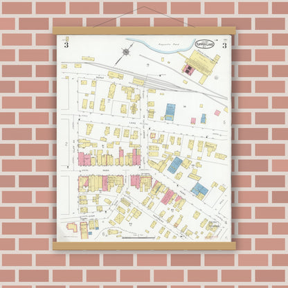 Old map wall art mockup — magnetic wood frame on brick wall — Sanborn Fire Insurance Map from Tupper Lake, Franklin County, New York (1927), Sheet #0003