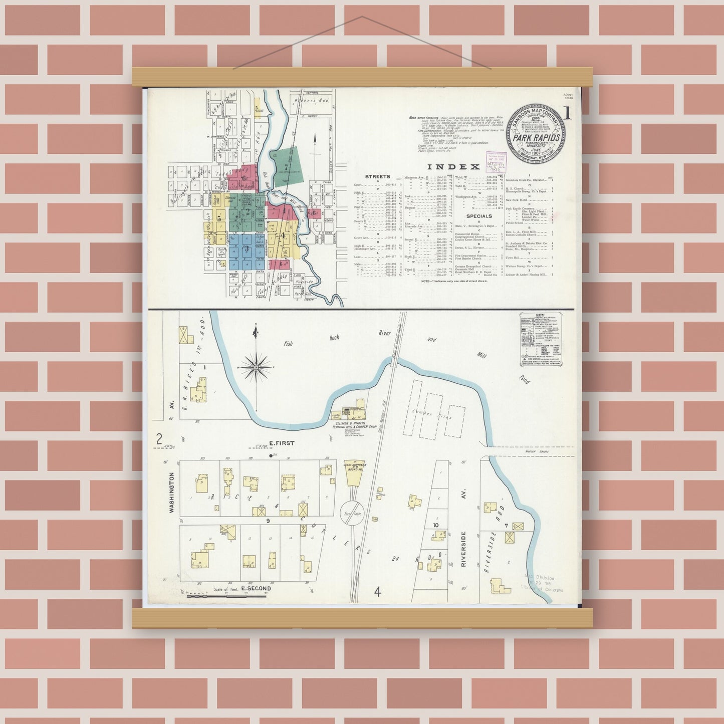 Old map wall art mockup — magnetic wood frame on brick wall — Sanborn Fire Insurance Map from Park Rapids, Hubbard County, Minnesota (1907), Sheet #0001