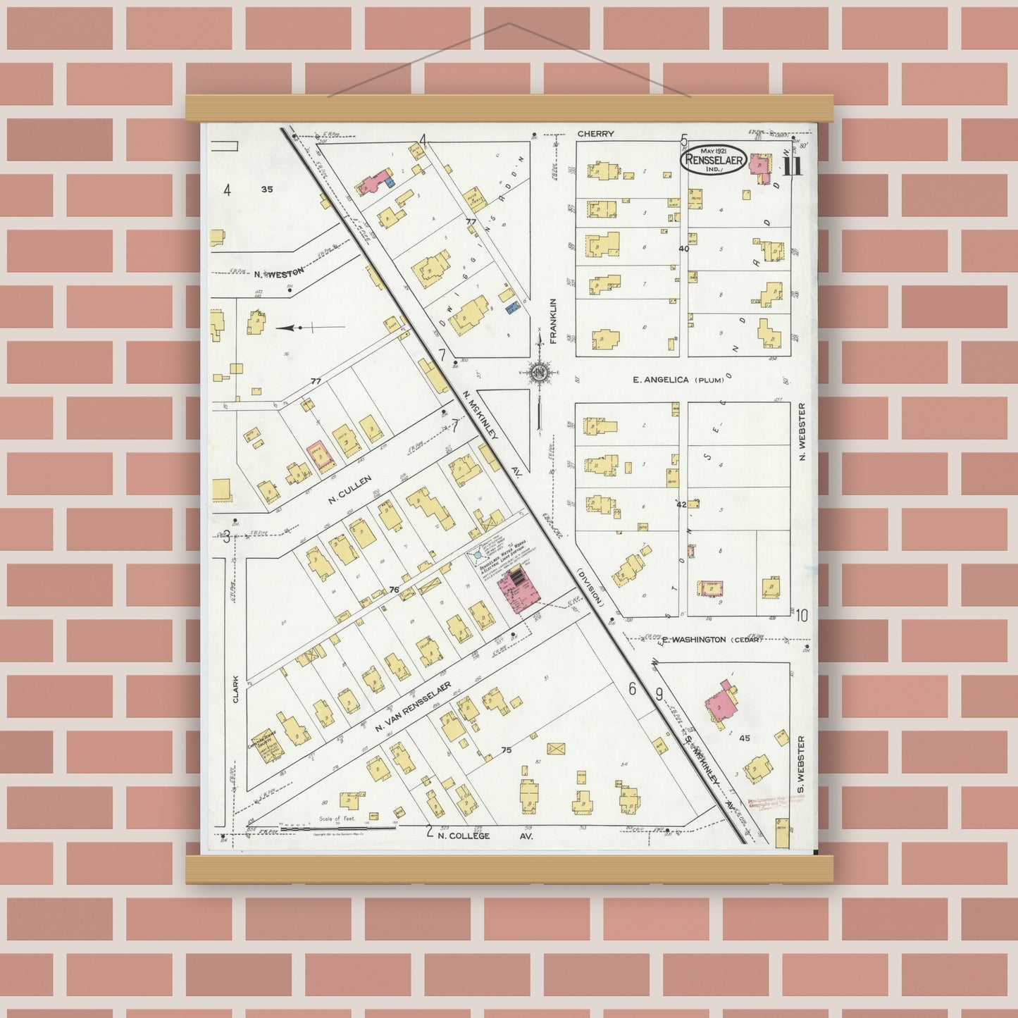 Old map wall art mockup — magnetic wood frame on brick wall — Sanborn Fire Insurance Map from Rensselaer, Jasper County, Indiana (1921), Sheet #0011