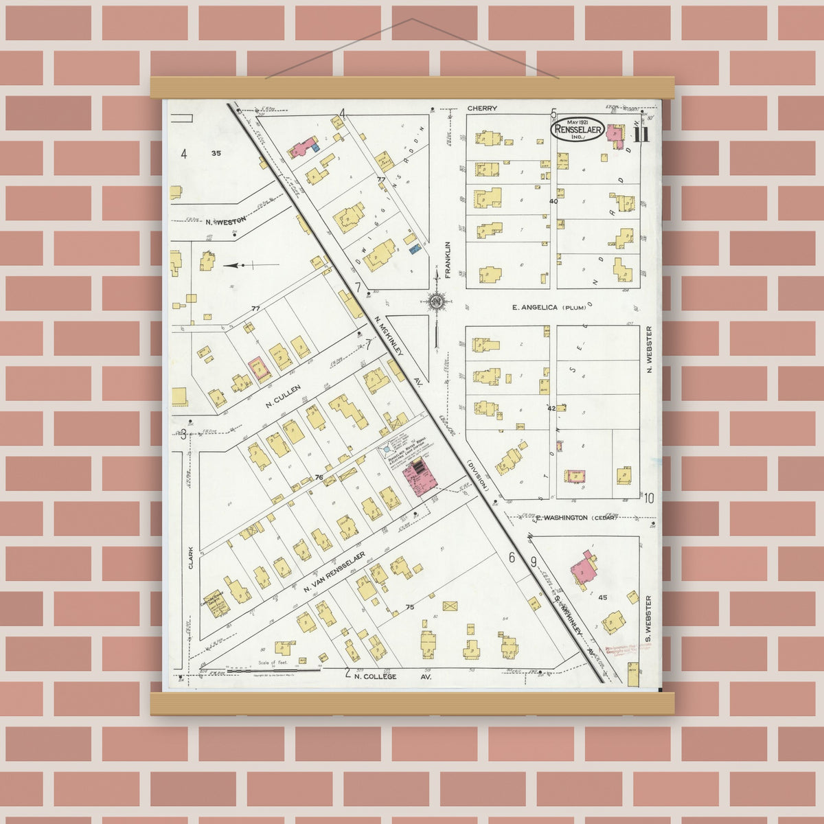 Old map wall art mockup — magnetic wood frame on brick wall — Sanborn Fire Insurance Map from Rensselaer, Jasper County, Indiana (1921), Sheet #0011