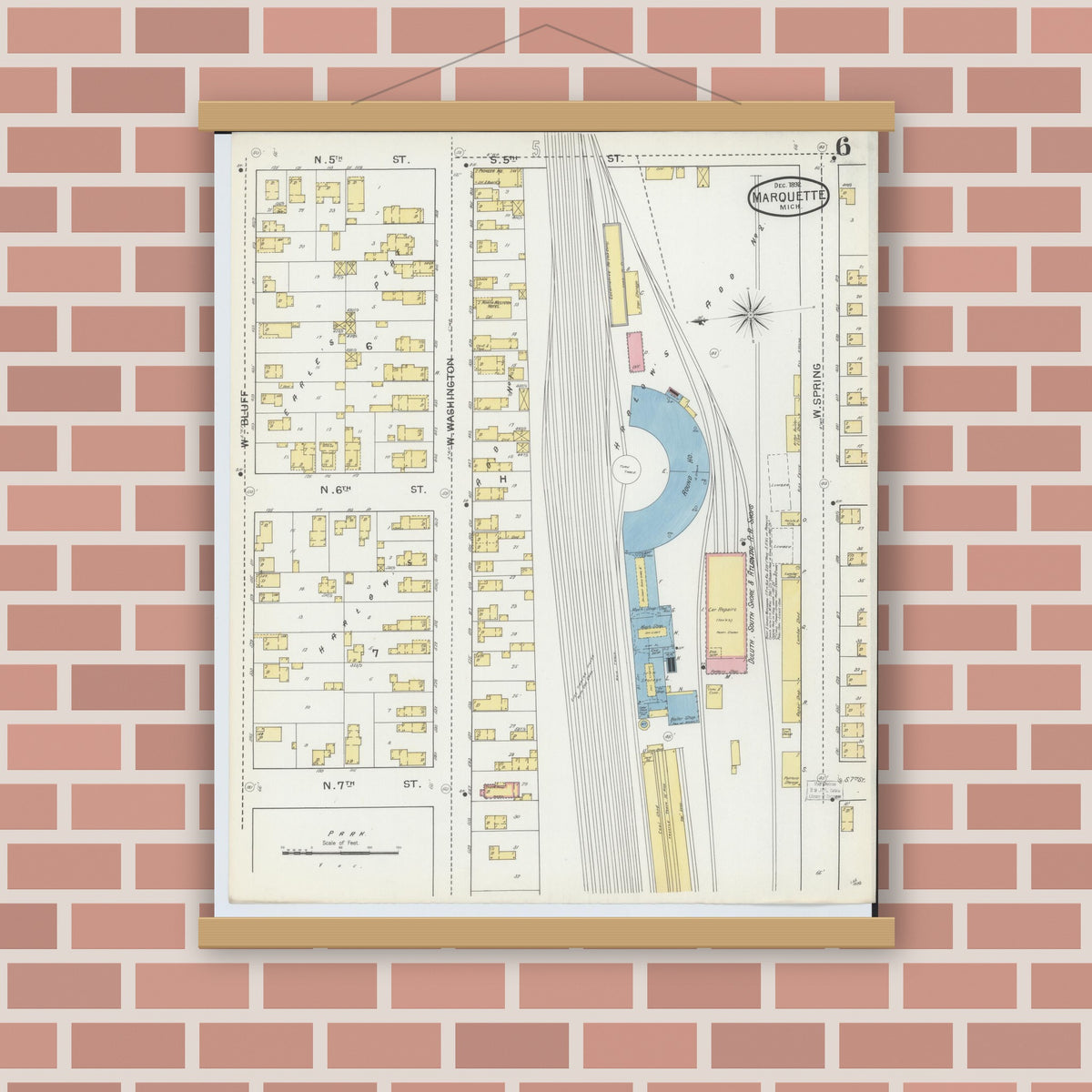 Old map wall art mockup — magnetic wood frame on brick wall — Sanborn Fire Insurance Map from Marquette, Marquette County, Michigan (1892), Sheet #0006