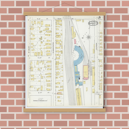 Old map wall art mockup — magnetic wood frame on brick wall — Sanborn Fire Insurance Map from Marquette, Marquette County, Michigan (1892), Sheet #0006