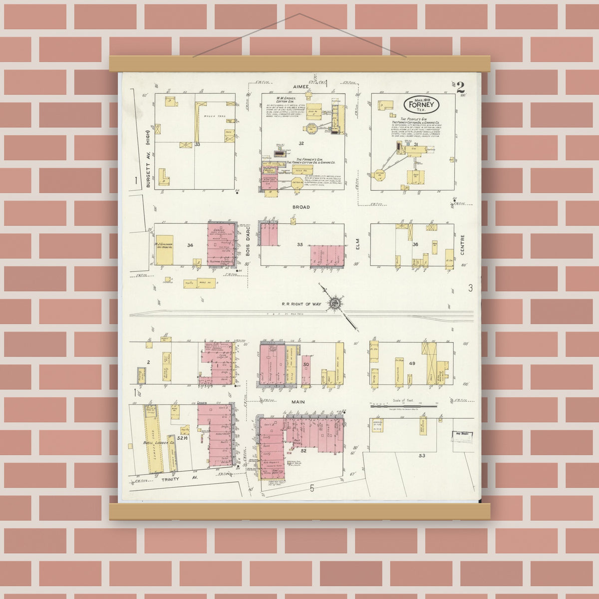 Old map wall art mockup — magnetic wood frame on brick wall — Sanborn Fire Insurance Map from Forney, Kaufman County, Texas (1919), Sheet #0002