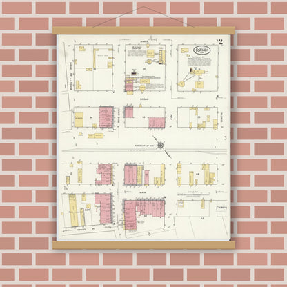 Old map wall art mockup — magnetic wood frame on brick wall — Sanborn Fire Insurance Map from Forney, Kaufman County, Texas (1919), Sheet #0002